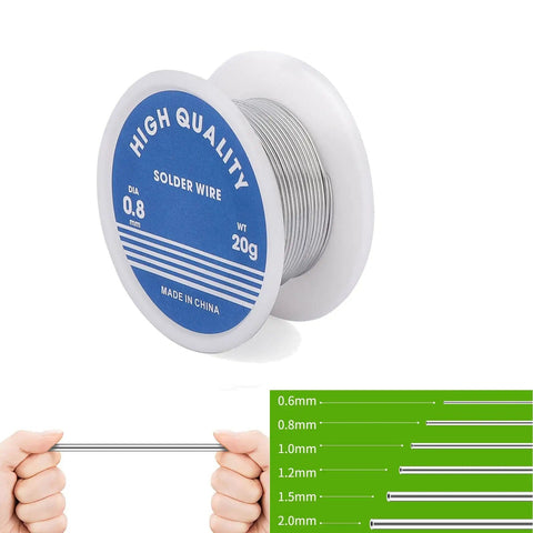 63/37 Tin Rosin Core Solder Wire 0.8mm Diameter, 20g Pack displayed on a blue and white spool for electronics soldering and PCB repair.