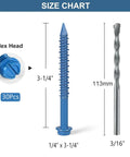 1/4 By 3 1/4 Inch Concrete Screws With Diamond Tail For Fast Drilling, 30 Pack Hex Head Anchor Screws With 3/16 Inch Drill Bit, For Masonry Block Brick Cement And Stucco, Heavy Duty Grip Secure Fastening size chart.