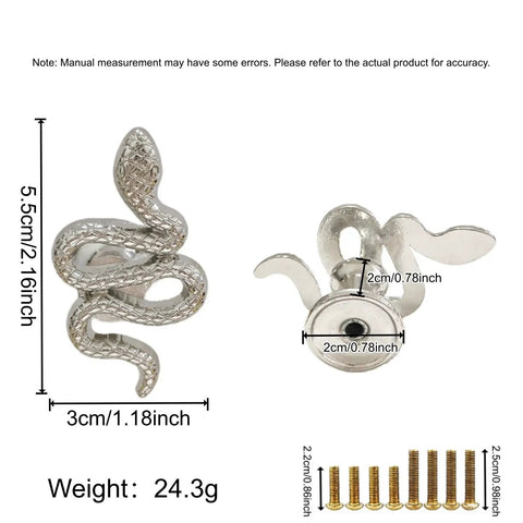 Snake Shaped Cabinet Knob Set 4 Pcs In Zinc Alloy Silver Finish Slick Serpent Drawer Pulls with dimensions and screws