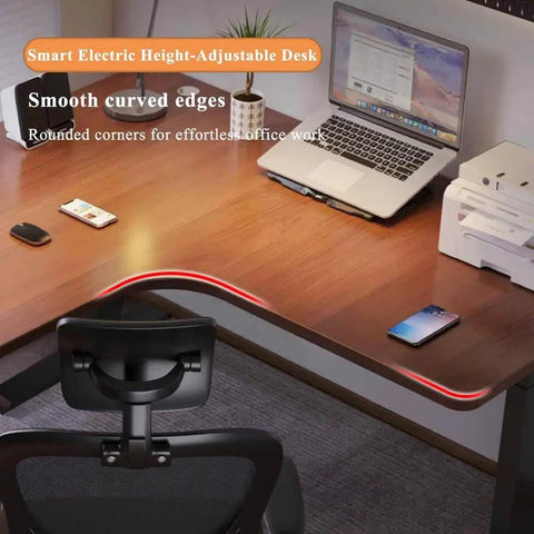 Rock Solid Electric Height Adjustable L Shaped Standing Desk For Home Office Corner Workspace smooth curved edges and surface with laptop.