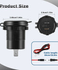 Heavy Duty Road Warrior Plug And Play Car Charger Dual Port Type C USB Socket dimensions with connecting cable and waterproof design.