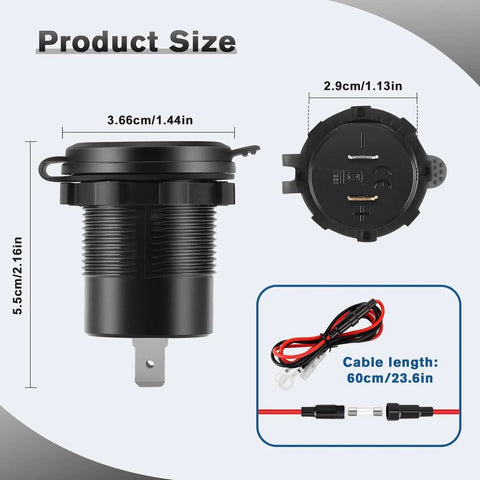 Heavy Duty Road Warrior Plug And Play Car Charger Dual Port Type C USB Socket dimensions with connecting cable and waterproof design.