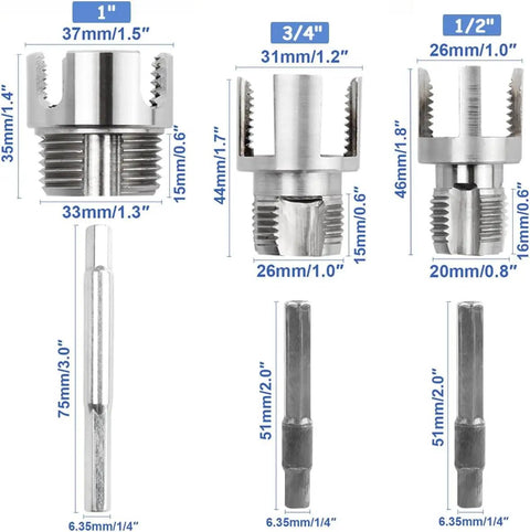 Premium 3-Piece Integrated PVC Pipe Threading Tool Set With Carbon Steel Build shows 1-inch, 3/4-inch, and 1/2-inch threaders.