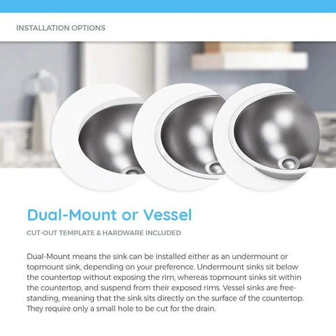 420 Dual-Mount Stainless Steel Lavatory Sink, 16-1/4 Inch, installation options for under, top, or vessel mount shown in diagram