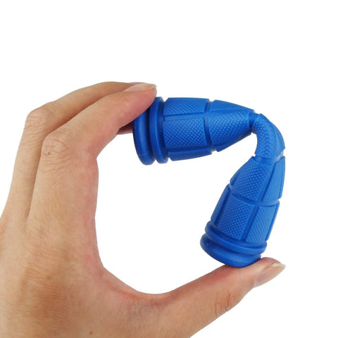 Hand holding blue 2 Pairs Soft Rubber Mushroom Style Bicycle Handlebar Grips for BMX, Road, and Mountain Bikes, flexible material