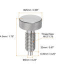Rock Solid Stainless Steel Spring Plunger With Knurled Grip Handle M12X1.75 Thread And 6mm Pin dimensions with labels and details.