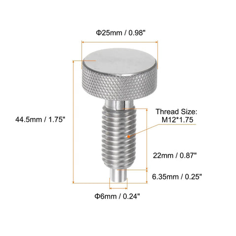 Rock Solid Stainless Steel Spring Plunger With Knurled Grip Handle M12X1.75 Thread And 6mm Pin dimensions with labels and details.