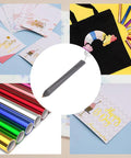 Foil Quill Pen Starter Kit, gray USB-powered with 4 metal tips and heat-activated foil rolls; shown with greeting cards.