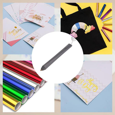 Foil Quill Pen Starter Kit, gray USB-powered with 4 metal tips and heat-activated foil rolls; shown with greeting cards.