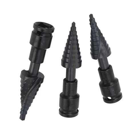Heavy Duty 3 Piece Step Drill Bit Kit With Woodworking Power For Metal And Plastic Fast Cutting Spiral Flutes Hex Shank Tool Set To Crush Any Job. 4-22mm bits