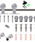 Top Mount Stainless Steel Barn Door Hardware Kit For Double Wood Doors with screws, rollers, and track system components