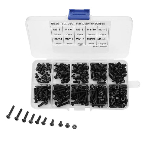 300 Piece High Strength M3 Black Button Head Hex Socket Screws And Nuts Kit For Industrial Use Heavy Duty 10.9 Grade Fasteners For Home Appliance Repair And Machinery Projects, assorted M3 screws and nuts in organizer