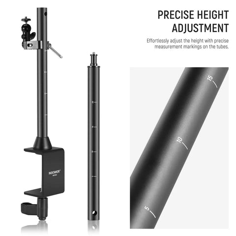 Overhead Camera Mount Rig With Dual Ball Heads And Heavy Duty Clamp Space Saving Desk Mount showing height markings for adjustment