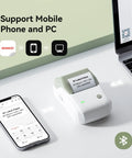 Slick Durable Portable Label Maker Machine With Wireless Bluetooth Pc App For No Sweat Home Organization And School Storage Includes Self Adhesive Tape Rolls In Green White, shown connecting to phone and laptop.