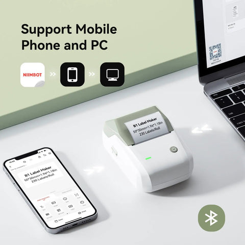 Slick Durable Portable Label Maker Machine With Wireless Bluetooth Pc App For No Sweat Home Organization And School Storage Includes Self Adhesive Tape Rolls In Green White, shown connecting to phone and laptop.
