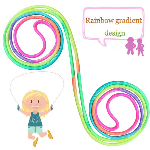 Rainbow Jump Rope Set For Kids, vibrant nylon skipping ropes, colorful gradation, cartoon illustration of girl skipping.