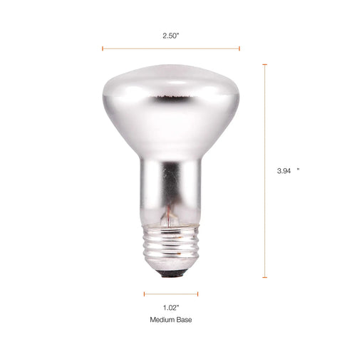 6 Pack 45W R20 Dimmable Incandescent Flood Light Bulbs, E26 Medium Base For Recessed Lights, 130V Cozy Warm Glow 2850K with dimensions shown