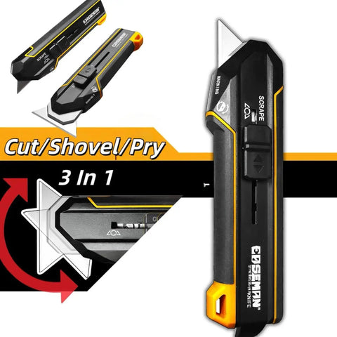 3 In 1 Handy Utility Scraper Tool With Retractable Knife 90 Degree Rotating Head Four Locking Positions Includes 10 Replacement Blades Built For Quick Paint Removal Label Residue Putty And Adhesive Cleanup. Black plastic utility scraper with rotating blade