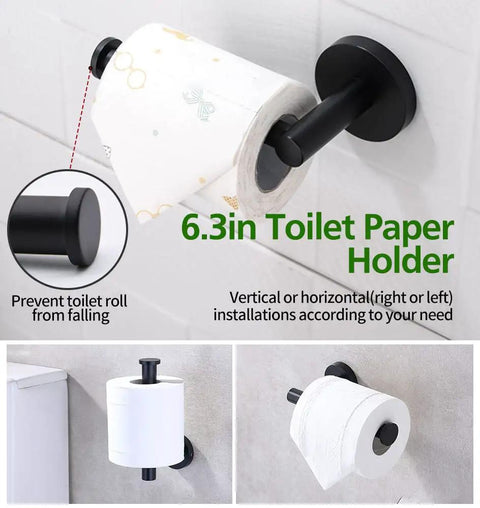 Ten Piece Bathroom Hardware Kit With 16 Inch Towel Bars, Toilet Paper Holders, Towel Rings, And Robe Hooks Includes Screws Anchors And Allen Wrench For Quick Easy Hidden Screw Installation showcasing black toilet paper holder with toilet paper roll.