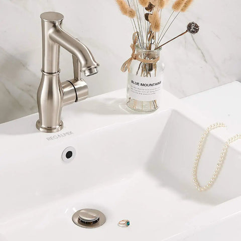 Vessel Sink Drain Pop Up Stopper With Built In Anti Clogging Strainer Brushed Nickel Finish in bathroom sink setup
