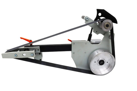Heavy Duty 2X72 Bench Belt Grinder With Variable Speed Knobs And Rock Solid Welded Steel Frame showing drive mechanism and belt setup.