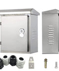 304 Stainless Steel Outdoor Electrical Box Enclosure For Electronics IP67 Waterproof Weatherproof NEMA Wall Mount Project Box With Insulation Mounting Plate Tough As Nails Outdoors, front and side view with mounting accessories.