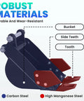 Narrow 7.87 Inch Excavator Bucket With Metal Teeth Manganese Steel Mini Backhoe Attachment showing side teeth and bucket components.