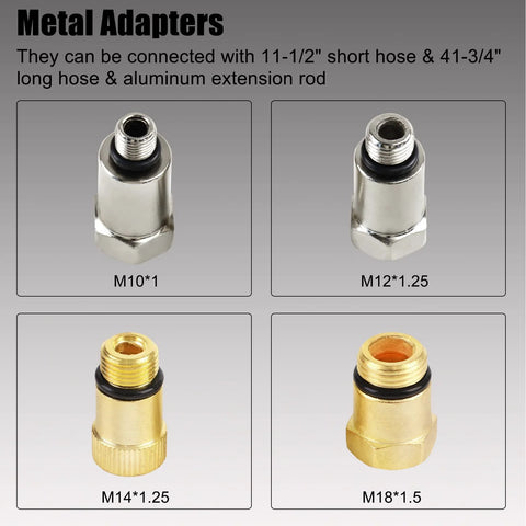 Automotive leak-down tester adapter set: four metal fittings M10x1, M12x1.25 silver; M14x1.25, M18x1.5 brass