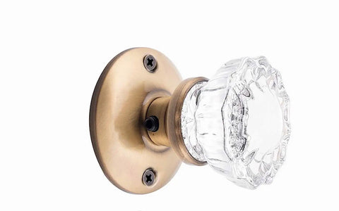 Single Dummy Crystal Clear Fluted Glass Knob Non Turning Surface Mount For One Side Of Closet Pantry French Door Antique Brass Finish