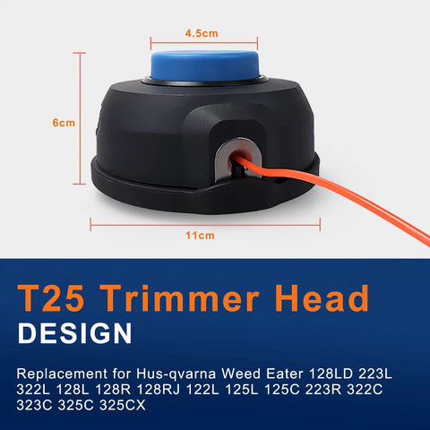 Side view of T25 trimmer head, dimensions labeled, compatible with Husqvarna Weed Eater including Two Pack 128LD Trimmer Head T25 Replacement