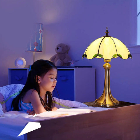 Tiffany Style Table Lamp With Yellow Stained Glass, Cozy Glow For Bedroom And Living Room, 12 X 12 X 18 Inches, LED Bulbs Included beside child