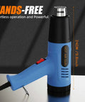 Dual Temperature Heavy Duty Heat Gun With Four Pro Grade Nozzles For Shrink Tubing Vinyl Wrap Crafting Resin And More, tool shown standing on surface