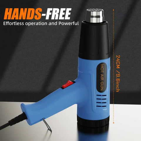 Dual Temperature Heavy Duty Heat Gun With Four Pro Grade Nozzles For Shrink Tubing Vinyl Wrap Crafting Resin And More, tool shown standing on surface
