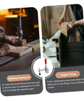 Heavy Duty Welding Toggle Clamps Pair With Rubber Tips Iron Fixed Workshop Hold Downs shown in use for woodworking and clamping.