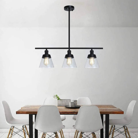 Dope 3 Light Farmhouse Black Kitchen Island Pendant Light With Clear Seeded Glass And Adjustable Rods above dining table