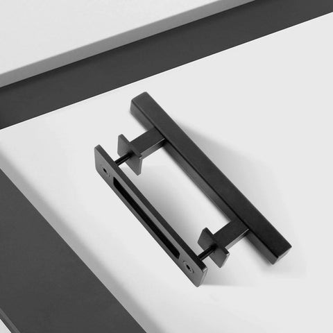 10 Inch Sliding Barn Door Pull Handle Set With Flush Hardware, Double Sided, Heavy Duty Square Design, Matte Black Powder Coated Finish