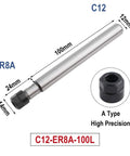 Top Tier ER Collet Chuck Extension Rod With Straight Shank For CNC Milling, 100mm length, ER8A type, alloy steel construction.