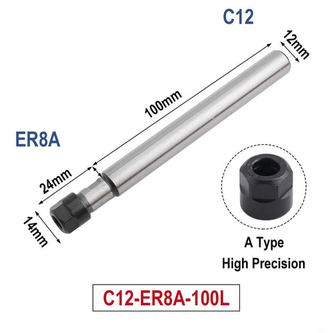 Top Tier ER Collet Chuck Extension Rod With Straight Shank For CNC Milling, 100mm length, ER8A type, alloy steel construction.
