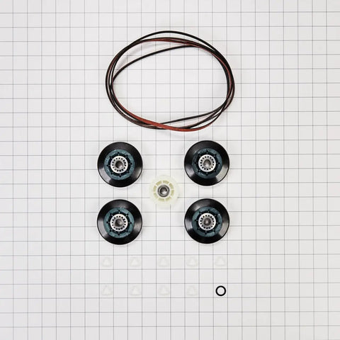 Genuine OEM Dryer Maintenance Kit For 2015 Models And 80047 showing belt, rollers, and pulley on grid background