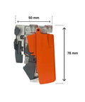 Orange Locking Device Pair For Overlay Tandem Drawer Slides Heavy Duty Left And Right Hardware Zero Hassle Install Rock Solid Cabinet Upgrade Kit shown with dimensions 50mm x 78mm.