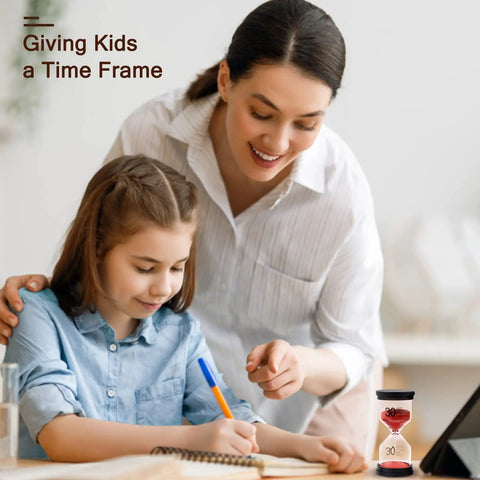 Adult helping child study with Colorful Sand Timer Set With Six Time Options 1 3 5 10 15 30 Minutes For Classroom Home Office Kitchen Protective Cover Multicolor Must Have Everyday Use For Studying Cooking And Timed Activities visible.