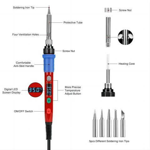 Pro Grade Fast Heating 90W Soldering Iron Kit With LED Digital Display 110V Ceramic Heater components and features