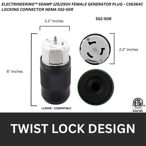 Beefy Heavy Duty Twist Lock Connector 50A 125 250V 3 Pole 4 Wire California Style CS6364C SS2-50R Female Plug ETL, 6 in