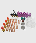 71Pcs Stubby TIG Torch Consumables Kit for WP17 WP18 WP26 Welders showing copper collets, alumina nozzles, and glass cups.