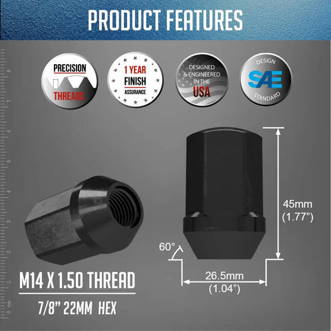 Diagram of M14x1.5 lug nut with 7/8 inch hex detailing size and features, labeled with 60-degree conical seat and dimensions.