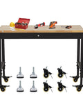 Tough As Nails Mobile Workbench 60 Inch Adjustable Shop Table With Solid Rubberwood Top featuring tools and lockable casters.