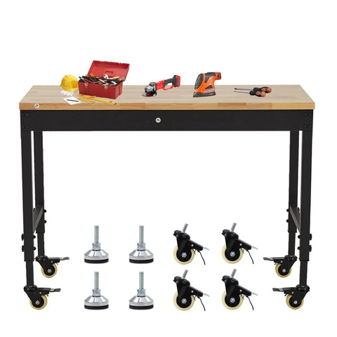Tough As Nails Mobile Workbench 60 Inch Adjustable Shop Table With Solid Rubberwood Top featuring tools and lockable casters.