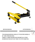 Heavy Duty Manual Hydraulic Pipe Bender With Six Tough Ductile Iron Molds For Rock Solid Tubing Fabrication And No Sweat Professional Construction Work, yellow and black design, shown with bending angles.
