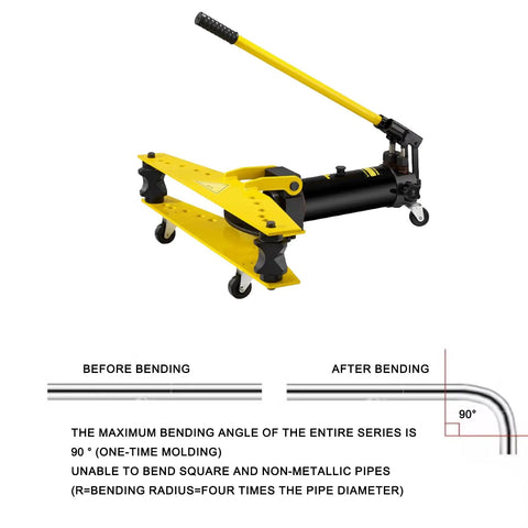 Heavy Duty Manual Hydraulic Pipe Bender With Six Tough Ductile Iron Molds For Rock Solid Tubing Fabrication And No Sweat Professional Construction Work, yellow and black design, shown with bending angles.