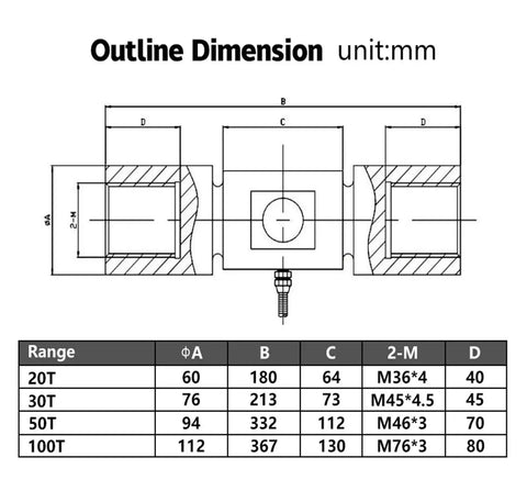 Technical diagram of 6-Axis Load Cell 1000Kg Stainless Steel Force Sensor dimensions, showing measurements and outline in mm.